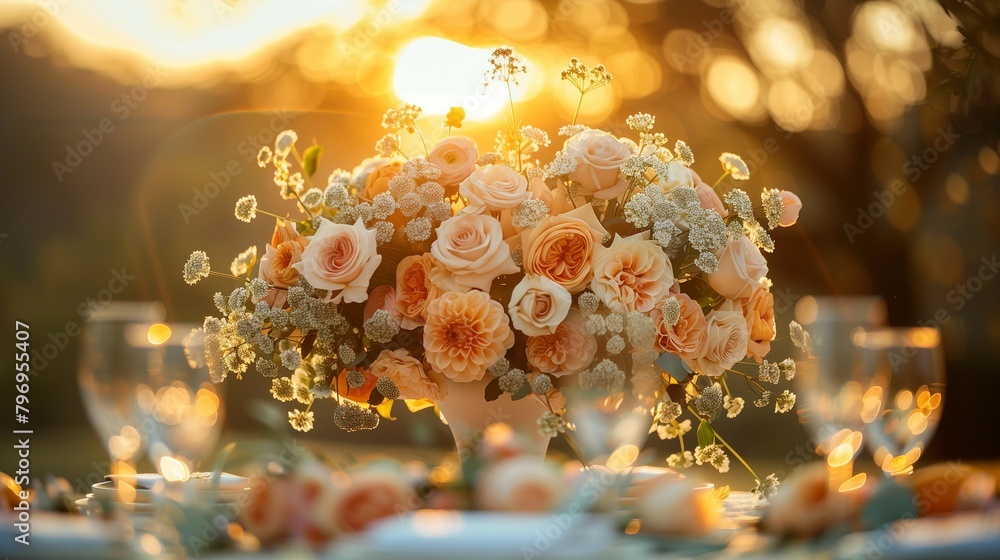 Sticker Romantic Wedding Reception Table Setting with Lavender and Cream Flowers, generative ai