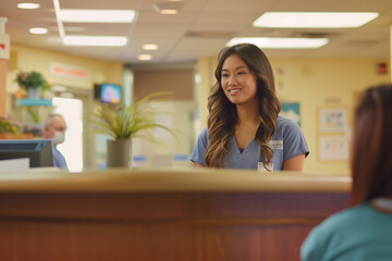 A nurse standing at the reception desk in the waiting room, warmly greeting patients as they enter, with a friendly smile and attentive demeanor, creating a welcoming atmosphere fo