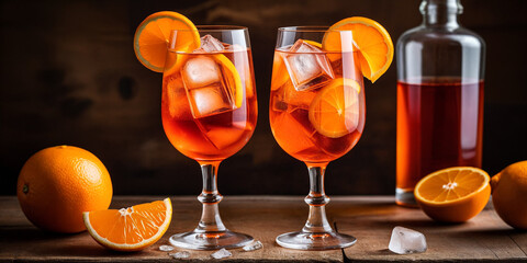 Orange Aperol cocktail with ice cubes and orange slices in a glass. Indoors in a photo studio on a table
