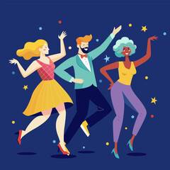 Happy people dancing at night party set. Young friends groups at disco, celebrating holiday with fun. Modern men, women at discotheque. Flat graphic vector illustrations isolated on white background
