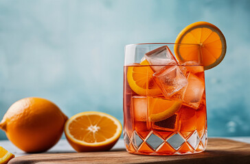 Orange Aperol cocktail with ice cubes and orange slices in a glass. Indoors in a photo studio on a table, copy space