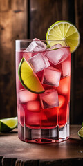 Violet-red cocktail with ice cubes and lime slices in a glass. Indoors in a photo studio on a table