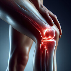 A 3D illustration depicts human knee pain, with highlighted red areas indicating inflammation or injury.