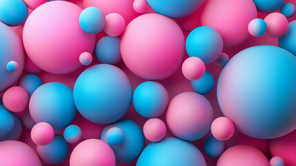 A lot of pastel pink and blue spheres of different sizes on a pink background
