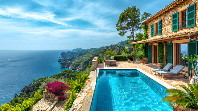 Traditional Mediterranean finca house with pool on hill with stunning sea view. Perfect for summer vacation holiday background.