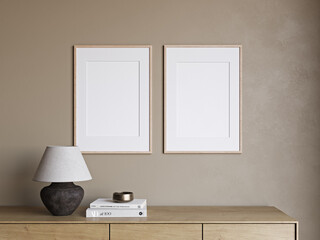 Frame mockup in modern minimalist living room interior, close-up detail, two frames on the wall, 3d render