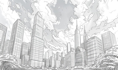 A detailed black and white drawing of a bustling city skyline with dynamic clouds. Generate Ai