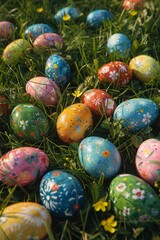 Fototapeta na wymiar Easter eggs, painted with care and creativity, spread out over the green grass, reflecting the suns rays 8K , high-resolution, ultra HD,up32K HD