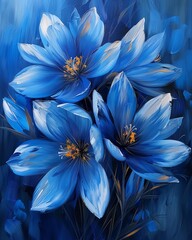 Electric blue flowers in a painting are captured in a detailed closeup, displayed within a hoop, showcasing the beauty of creative arts and the allure of nature  8K , high-resolution, ultra HD,up32K H