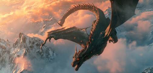 Powerful dragon flying in sky with clouds at sunrise.