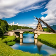 Fototapeta premium portrayal of a bascule bridge gracefully crossing a meandering river, enveloped by scenic pastures