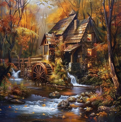 old mill house in autumn forest by stream