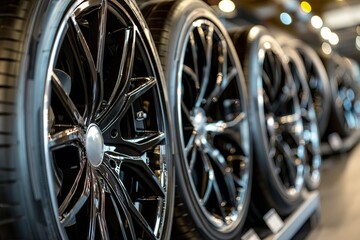 A row of black and silver tires are on display in a store. The tires are arranged in a neat and...