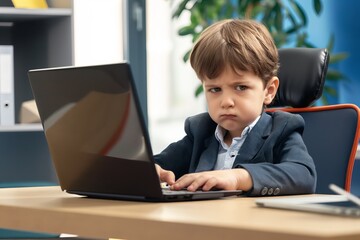 A boy is sitting at a desk with a laptop in front of him. He is looking at the screen with a frown on his face. Scene is one of frustration or disappointment