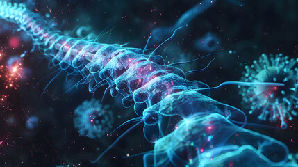 3D presentation of a vector outline illustrating the concept of promotion for physiotherapy tools on a rehabilitation background with a human spine in close view 