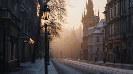 Beautiful historical buildings in winter with snow and fog in Prague city in Czech Republic in Europe.