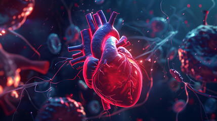 3D projection of a vector sketch expressing the idea of endorsing for therapeutic apparatus on a medical scenario with a human heart in close scrutiny 