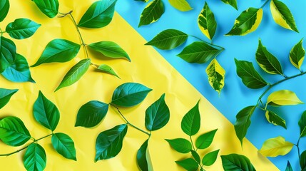 Green tree leaves pattern on yellow and blue background