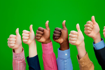 Multi racial grup of business people hands giving thumbs up on green background, agreement and diversity concept