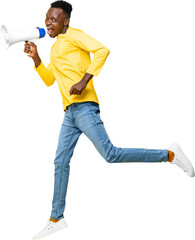 Jumping young African man holding megaphone and shouting PNG file no background 