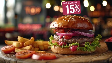 Burgers flyer with large text "15%" and "TOP BURGER" with copy space