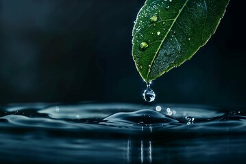 Dew water droplet on a green plant, close-up image of water drops, leaf texture, waterdrop falling