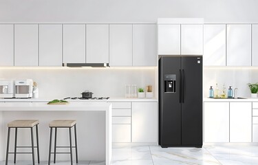 Modern kitchen interior with white cabinets and a black refrigerator front view