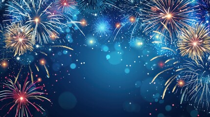 Beautiful fireworks show over blue background to celebrate Chinese lunar new year. Abstract background.