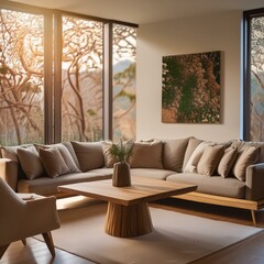 the charm of a sunlit modern luxury room, where a wooden table, sofa, couches and painting on walls, surrounded by elegant windows that provide a scenic view.