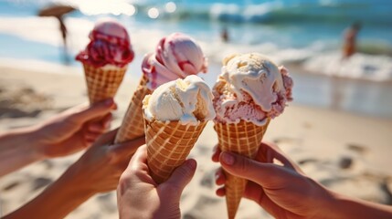 A group of people holding ice cream cones on a beach