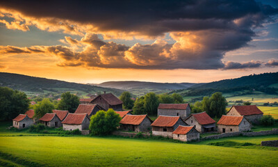 Panoramic top view of an old small abandoned ruined village on the hills with thatched roof huts at sunset with clouds in the sky