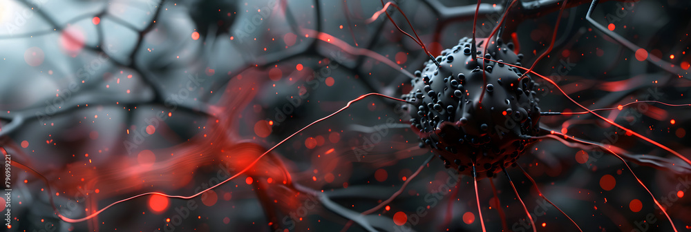 Poster 3d render of black and red neural network. macro photography