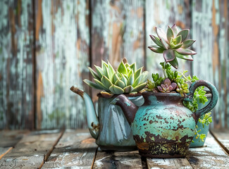 Old rusty Teapot mad as Flowers Vase, planting, old vintage wood pattern in background   