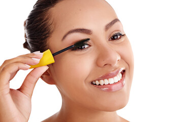 Happy woman, makeup and beauty with mascara for cosmetics or cosmetology on a white studio...