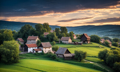Panoramic top view of an old small abandoned ruined village on the hills with thatched roof huts at sunset with clouds in the sky