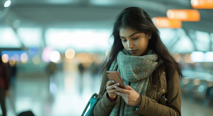 Young woman holding smartphone in hand, standing airport terminal