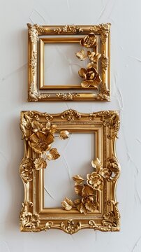 Three elegant gold frames are beautifully presented on a clean white background, showcasing a seamless fusion of creativity and style  8K , high-resolution, ultra HD,up32K HD