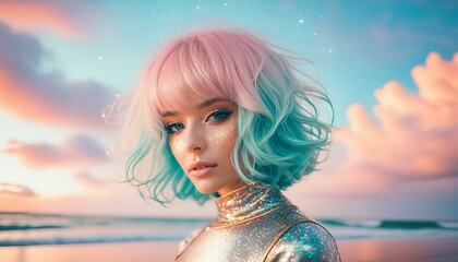 anime style girl with pink and blue hair