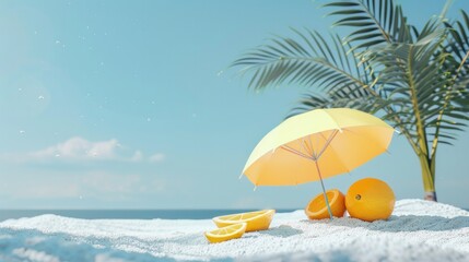 A playful tropical beach concept creatively assembled using a lemon and a sun umbrella.

