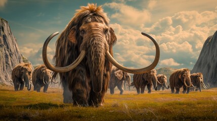 Obraz premium A group of mammoth walking in grass land in ancient prehistoric enviroment.