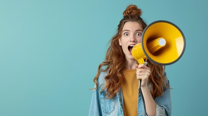 A young female with megaphone in blue background