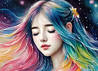 Girl with closed eyes, fantasy fairy tale bright colors dream, generative ai