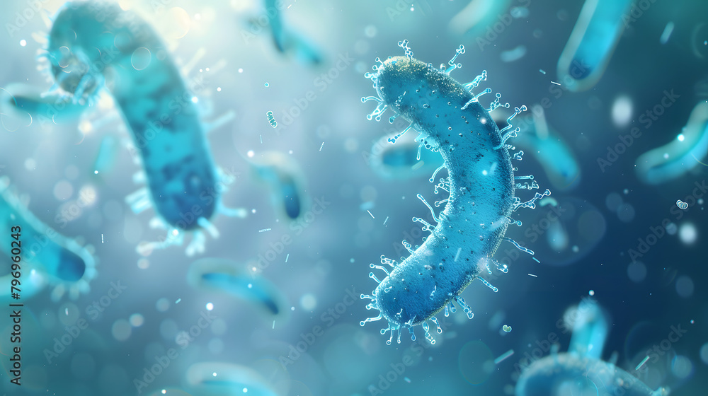Poster 3d rendering of bacteria in blue color flying around each other. the background is blurred with a li