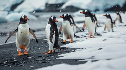 Penguins on an Antarctic island, sky and icebergs in the background
