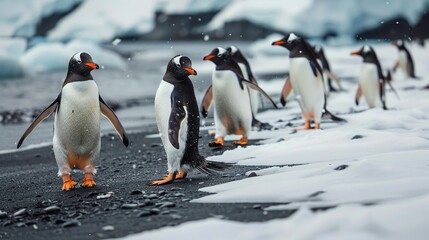Obraz premium Penguins on an Antarctic island, sky and icebergs in the background