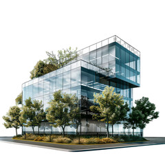 Office Building with Glass Facades and Trees on transparent background 