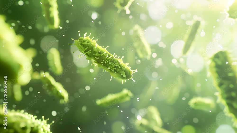 Poster 3d rendering of bacteria in green color flying around each other. the background is blurred with a l