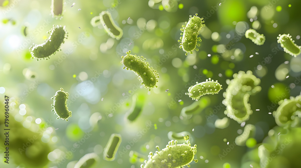 Poster 3d rendering of bacteria in green color flying around each other. the background is blurred with a l