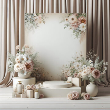 Empty space mockup featuring an elegant floral arrangement with pastel flowers and candles on a podium, perfect for wedding or event invitation backgrounds and customization.