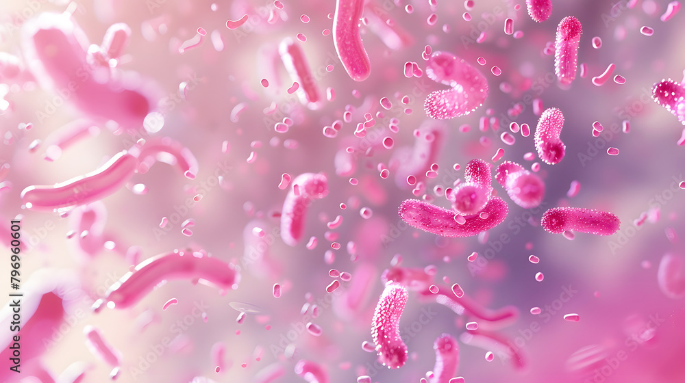 Poster 3d rendering of bacteria in pink color flying around each other. the background is blurred with a li